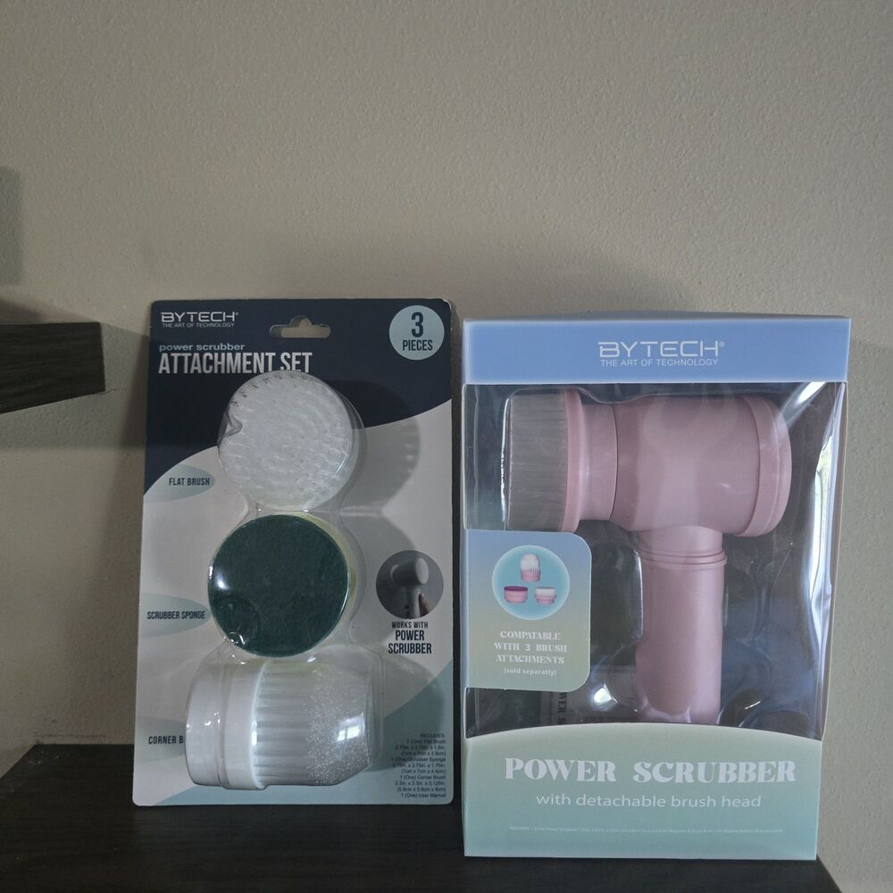 Pink Bytech Power Scrubber with detachable brush head and 3-piece attachment set